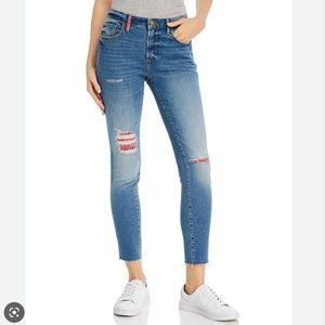 Aqua distressed bandana skinny jeans